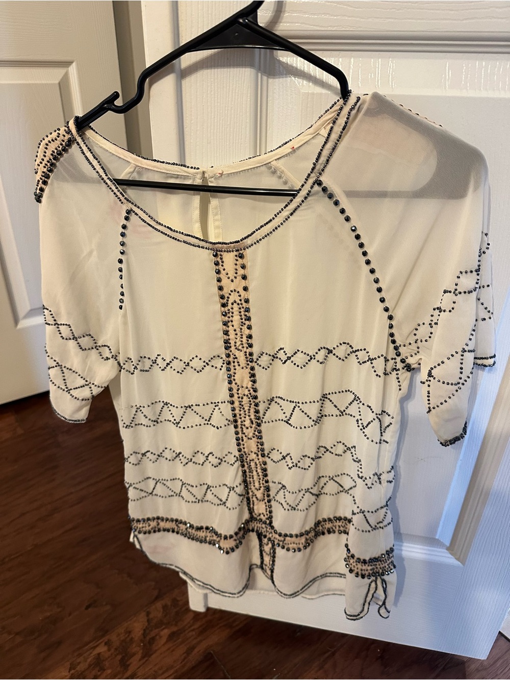 Anthropologie Cream Beaded Short-Sleeve Blouse